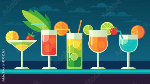 Colorful margaritas and mojitos line the bar adding a refreshing touch to the tropical atmosphere.. Vector illustration