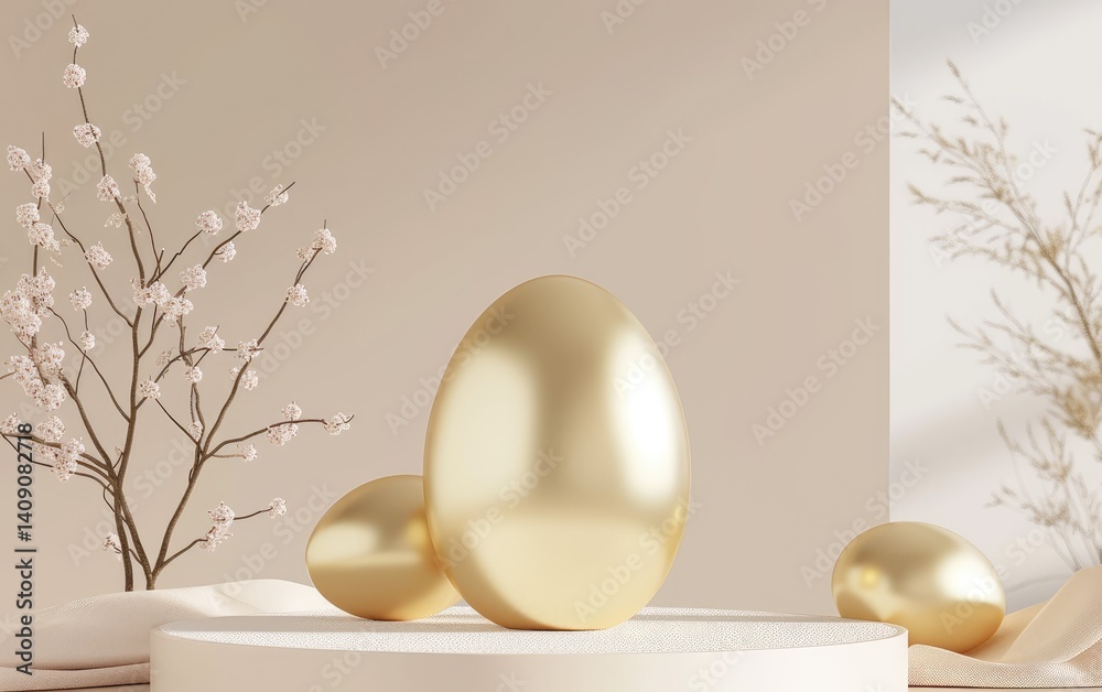 Minimalist three golden eggs and flowering branches displayed on a beige platform.