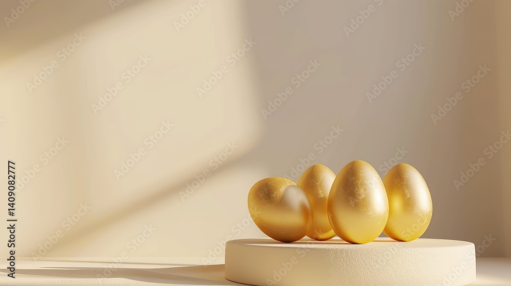 Golden Eggs Resting on a Beige Circular Platform Against a Light Background,
