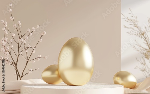 Obraz na płótnie Minimalist three golden eggs and flowering branches displayed on a beige platform. w salonie