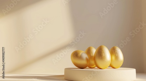 Golden Eggs Resting on a Beige Circular Platform Against a Light Background,