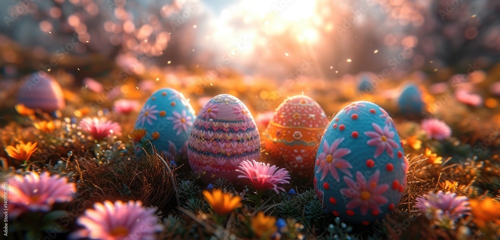 Four intricately decorated Easter eggs rest amongst vibrant spring flowers in a sunlit meadow.