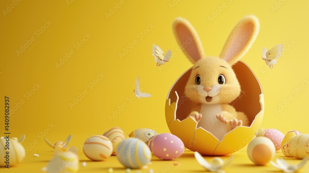 A cute, fluffy cartoon bunny hatches from a cracked yellow egg surrounded by colorful Easter eggs and butterflies on a yellow background.