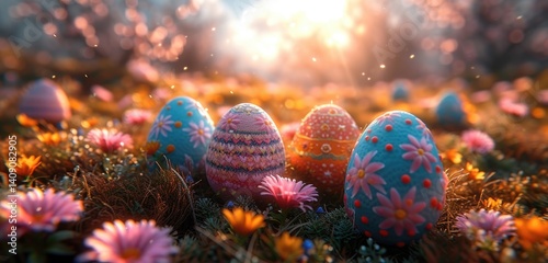 Obraz na płótnie Four intricately decorated Easter eggs rest amongst vibrant spring flowers in a sunlit meadow. w salonie