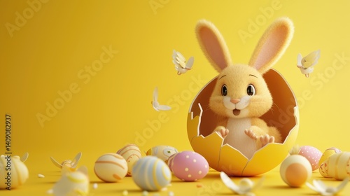 Obraz na płótnie A cute, fluffy cartoon bunny hatches from a cracked yellow egg surrounded by colorful Easter eggs and butterflies on a yellow background. w salonie