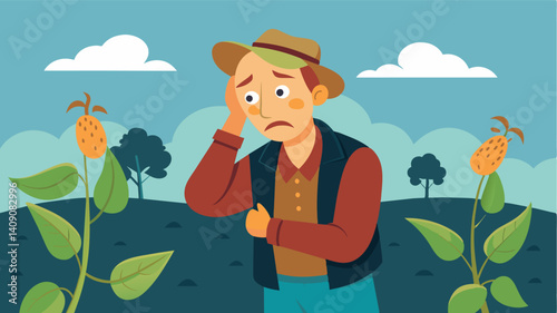The farmers worry lines deepen as he looks at his wilted soybean plants counting the cost of the ruined crop and the impact on his family.. Vector illustration