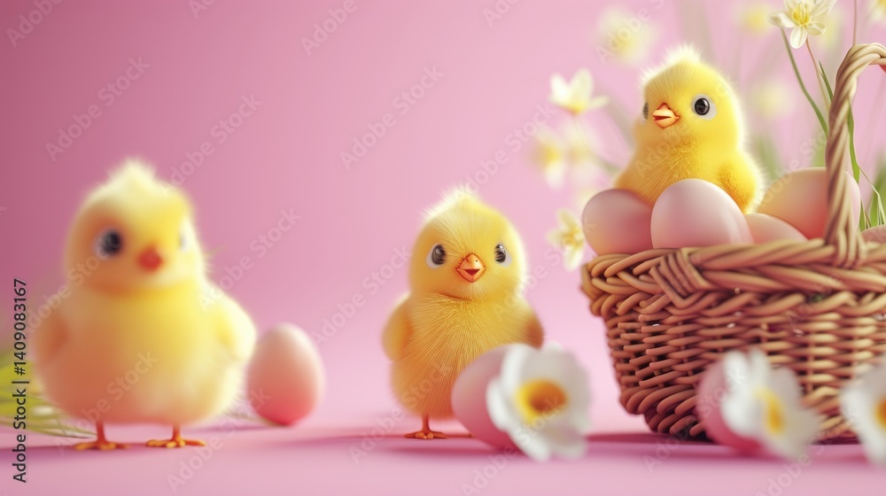 Three adorable fluffy yellow chicks surround a basket of pink Easter eggs and spring flowers on a pink background.