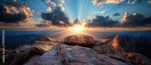 Aerial view of a mountain illuminated by sunbeams with fluffy clouds surrounding it.