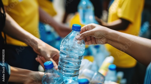 A group of volunteers distributing bottled water to hurricane survivors. Featuring generosity and relief efforts