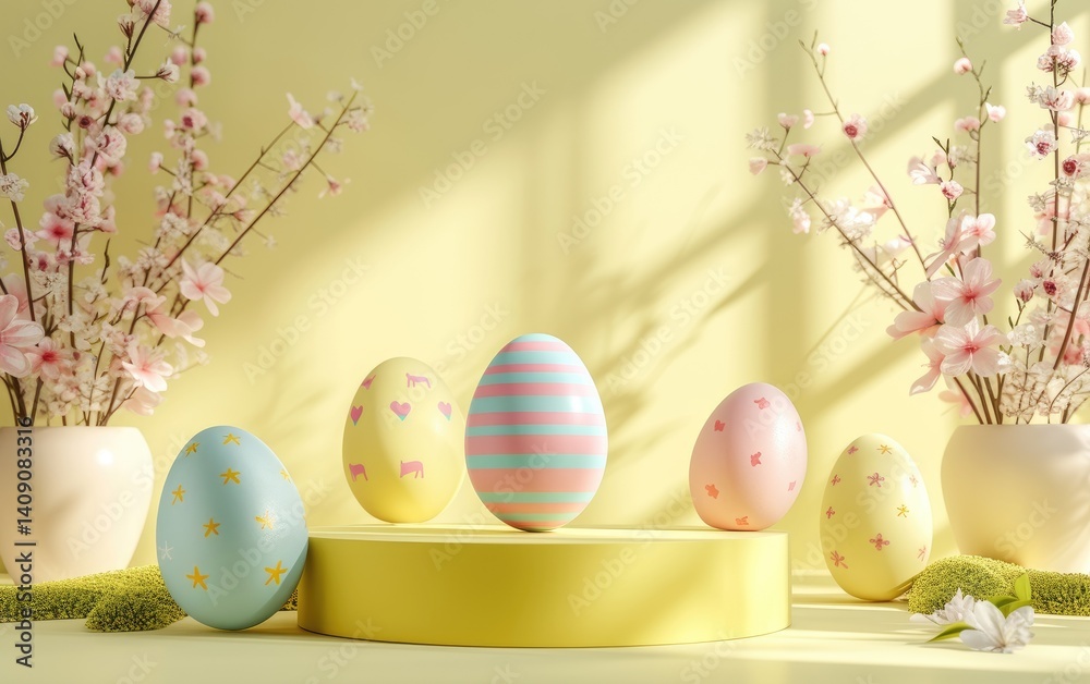 Decorated pastel Easter eggs sit on a yellow platform, surrounded by delicate pink blossoms in vases.