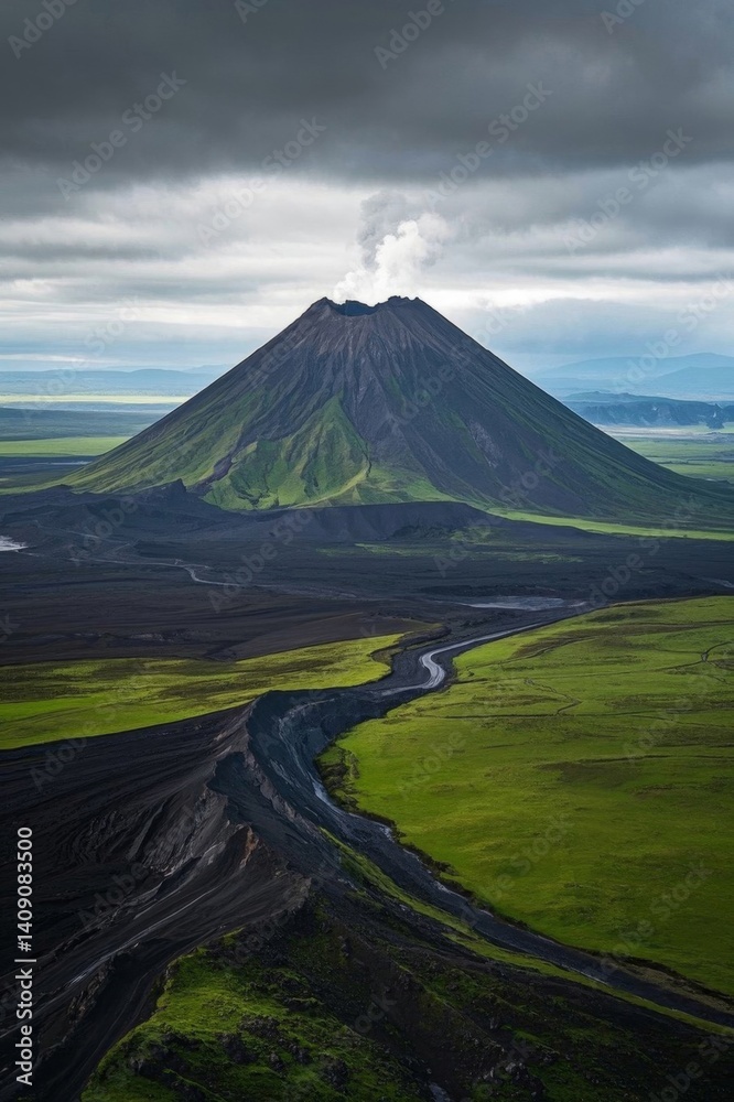 Fototapeta premium a view of a mountain with a river running through it