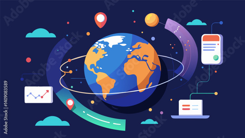 A realtime projection of information moving around a digital globe in a mesmerizing dance.. Vector illustration