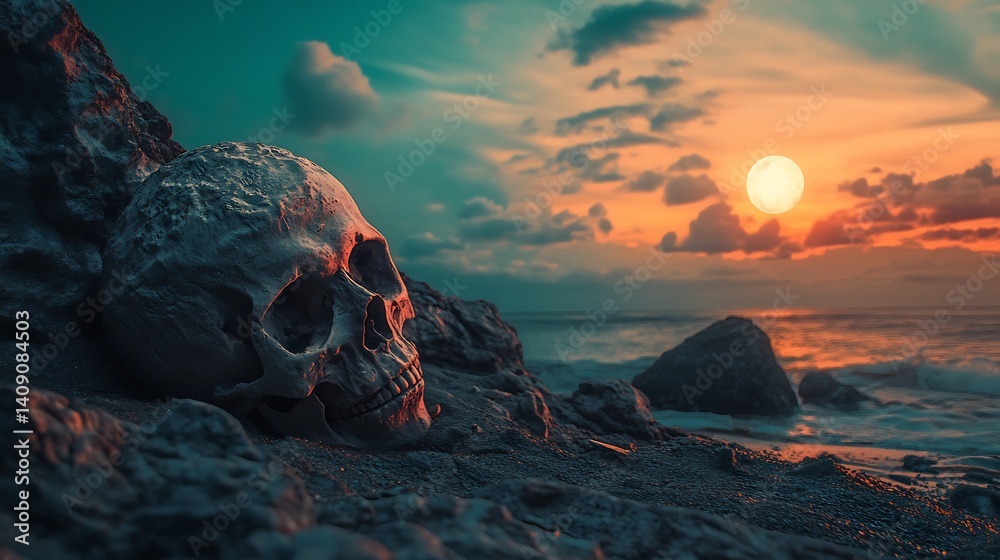 Skull Resting On Rocks With Ocean Sunset In Background Creates Dramatic Atmospheric Scene