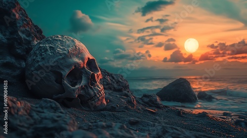 Obraz na płótnie Skull Resting On Rocks With Ocean Sunset In Background Creates Dramatic Atmospheric Scene w salonie