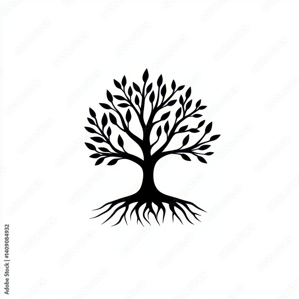 Naklejka premium Artistic Black Tree with Roots and Leaves