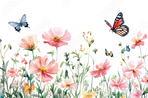 Fototapeta Naklejka Na Ścianę i Meble -  PNG Beautiful wild flower meadow color pink with butterflies flowers illustration watercolor.