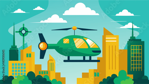 The soft hum of an air taxis electric motor contrasts with the noisy rumble of the city below demonstrating the power of green energy.. Vector illustration