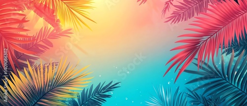 Vivid geometric summer background, colorful patterns, tropical frame, sun rays, beach and ocean design, vibrant promotional banner, vector illustration