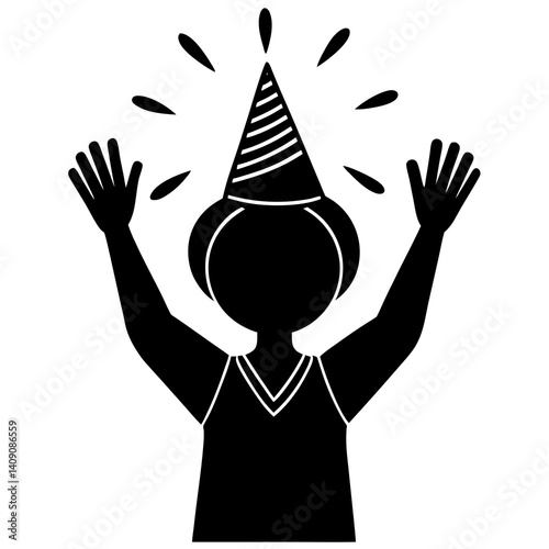 A silhouette of a person wearing a party hat, with hands clapping in a joyful celebration pose