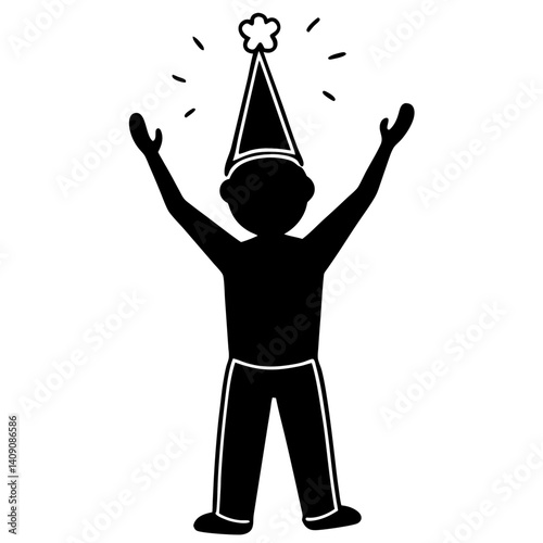 A silhouette of a person wearing a party hat, with hands clapping in a joyful celebration pose
