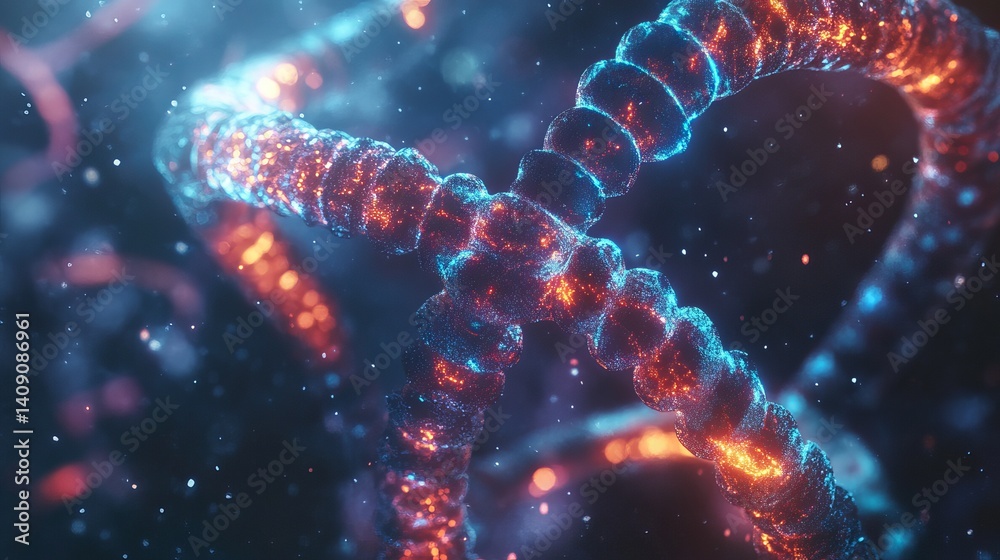 Abstract dna strand visualization blue orange glowing particles science background 3d cell dark helix Abstract dna strand visualization blue orange glowing particles science background 3d cell dark helix
