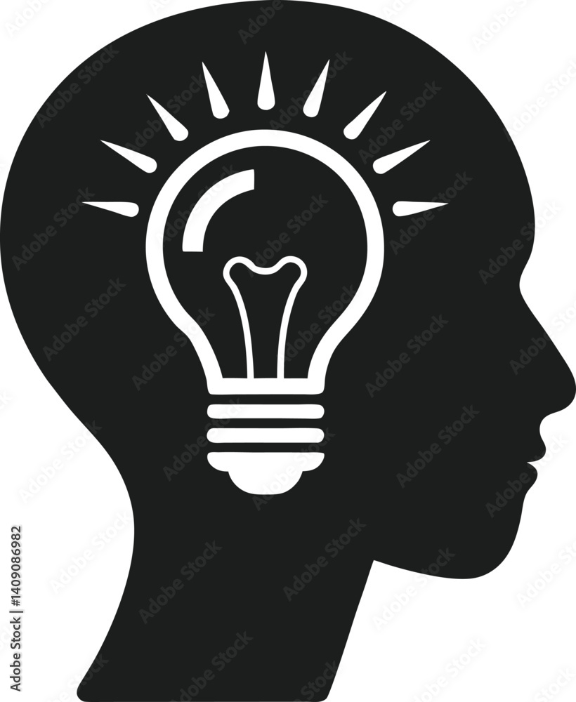 Black Silhouette of Human Head and Idea Bulb Black Silhouette of Human Head and Idea Bulb