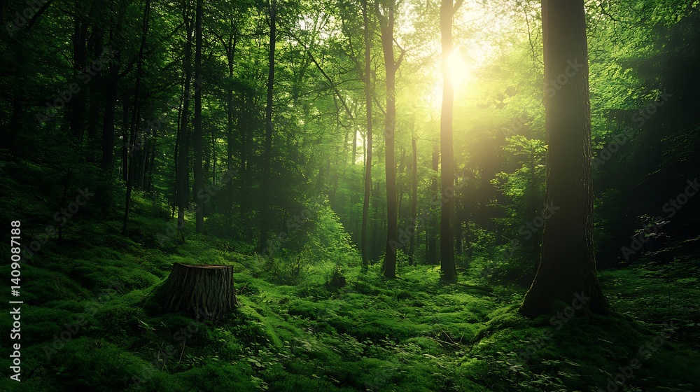 Sunlight Streaming Through Lush Green Forest with Tree Trunks and Stump Creating a Peaceful Scene