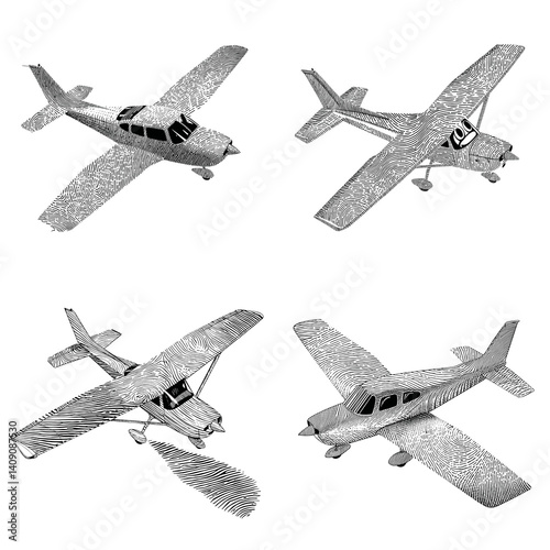 Detailed black and white illustrations of small airplanes in various angles, perfect for aviation design, flight training visuals, transportation themes, or engineering blueprints.

