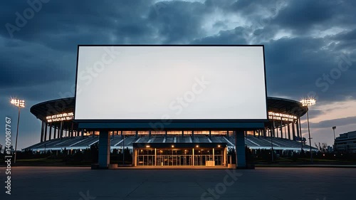 Large Blank Outdoor Digital Billboard Display in Front of Stadium Building Under Cloudy Sky at Evening

