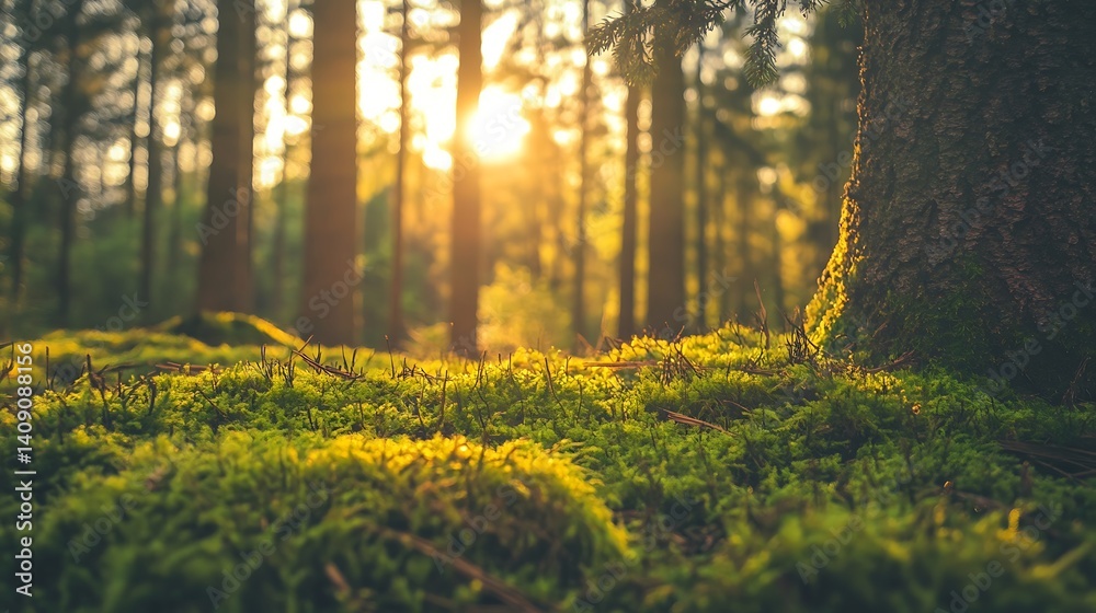 Sunlit Forest Scene with Green Moss and Trees in a Warm Sunlight during Summer