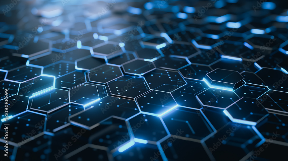 Obraz premium Hexagonal Technological Matrix: A futuristic array of interconnected, glowing hexagonal tiles, emitting an ethereal blue light, represents the advanced architecture of modern technology.