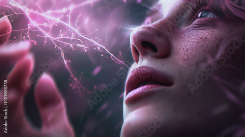 Mystical Energy: A young woman's face, close-up, is illuminated by ethereal pink energy, creating a mystical and enchanting atmosphere. Her expression is one of wonder and awe.