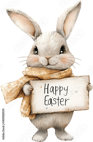 Rabbit holding an easter sign watercolor vintage on transparent background. symbol happy easter png illustration AI-generated 