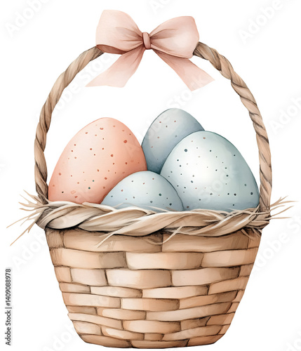 easter eggs in basket watercolor on transparent background. symbol happy easter png AI-generated 