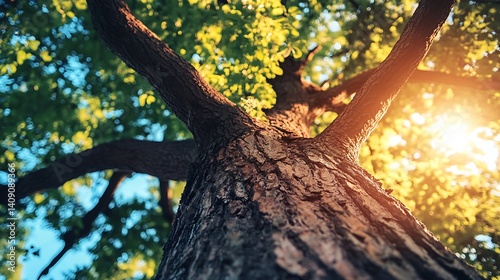 Sunlit Tree Reaching Towards Blue Sky with Green Foliage and Glowing Sunlight Through Branches