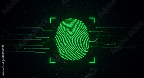 A glowing green fingerprint with a square border and circuit lines on a dark background design element