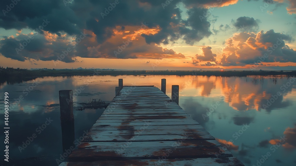 Sunset Over Calm Water with a Wooden Dock Dramatic Sky and Orange Hues Reflecting on the Lake creating a Serene Landscape