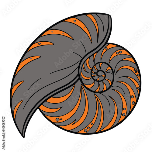 Spiraled Nautilus Shell Drawing with Grey and Orange Stripes vector editable