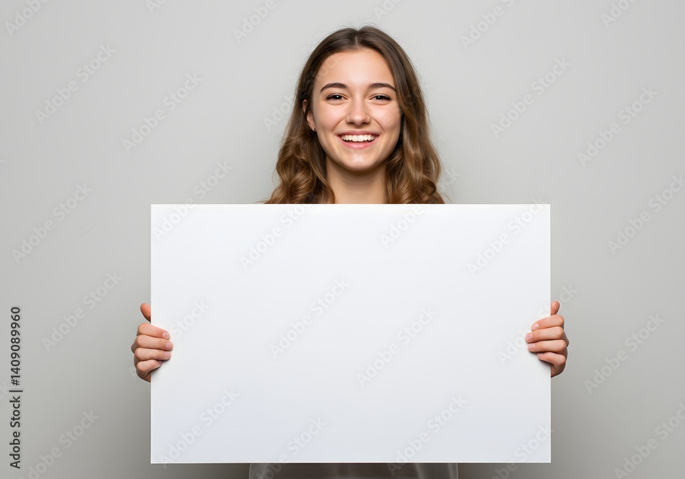 Holding Blank Sign Woman Smiling Displaying Information Studio Shot Holding Blank Sign Woman Smiling Displaying Information Studio Shot