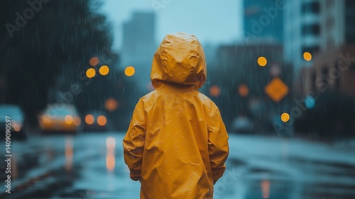 Child in yellow raincoat walks in city street during a rain shower, suggesting childhood safety