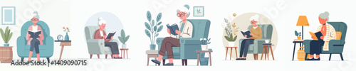 Vector collection of a grandmother sitting relaxing in a chair reading a book
