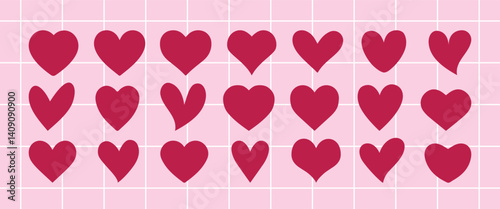 Set of hearts in pink color, heart icons set vector, set of hearts different shapes for design. Heart collection. Vector art. Heart, love, romance hearts. Vector icons. Heart love symbol