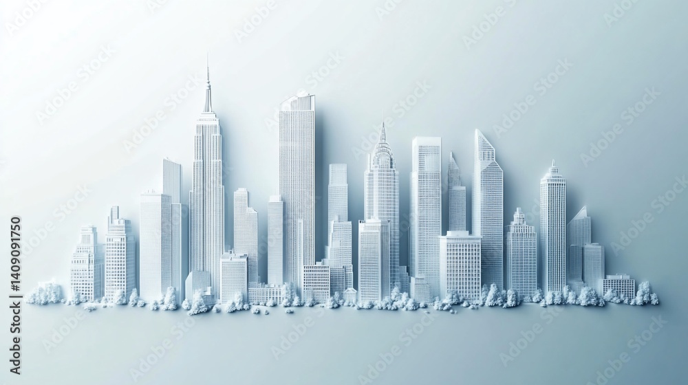 Obraz premium A Minimalist Cityscape Rendered in Soft, Light Blue Tones Emphasizing Architectural Detail and Clean Lines