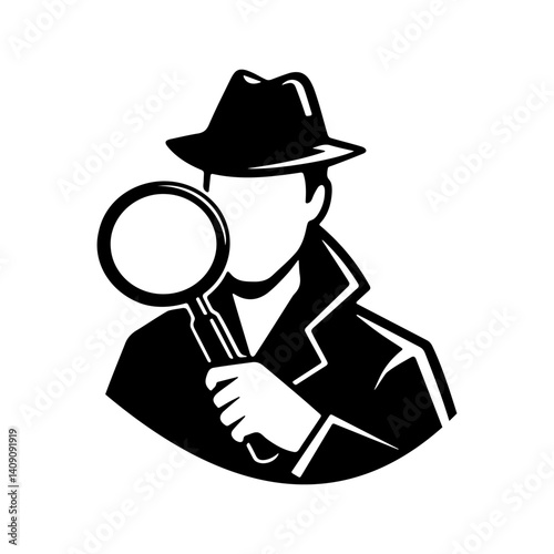 Mysterious detective silhouette with magnifying glass and fedora hat
