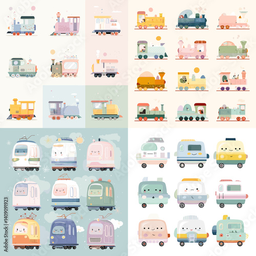 Adorable collection of pastel cartoon trains and vehicles with smiling faces, ideal for kids’ illustrations, nursery prints, transportation themes, and educational design projects.

