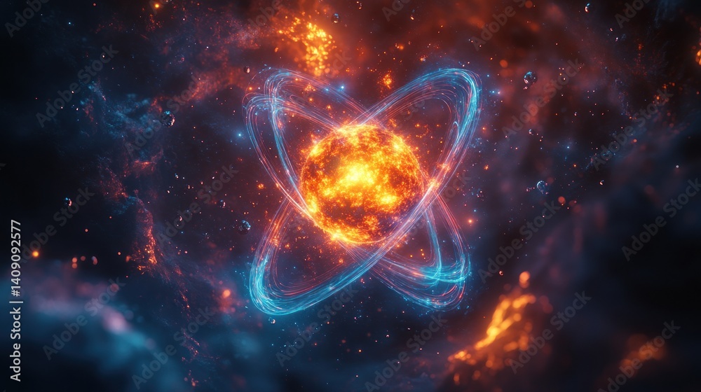 Fototapeta premium Fiery Celestial Dance: A Cosmic Atom's Glowing Embrace
