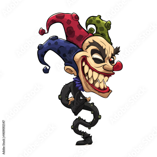 A bizarre vector illustration of a clown monster with patchwork skin and a twisted grin