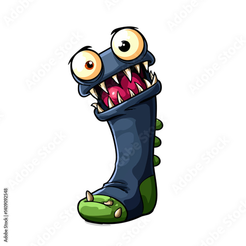 A bizarre vector illustration of a monster sock with sharp teeth and googly eyes