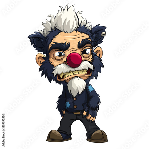 A bizarre vector illustration of a clown werewolf with patchwork fur and a red nose