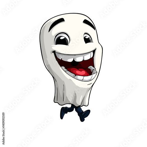 A cheerful vector illustration of a laughing ghost with a translucent body and a wide grin
